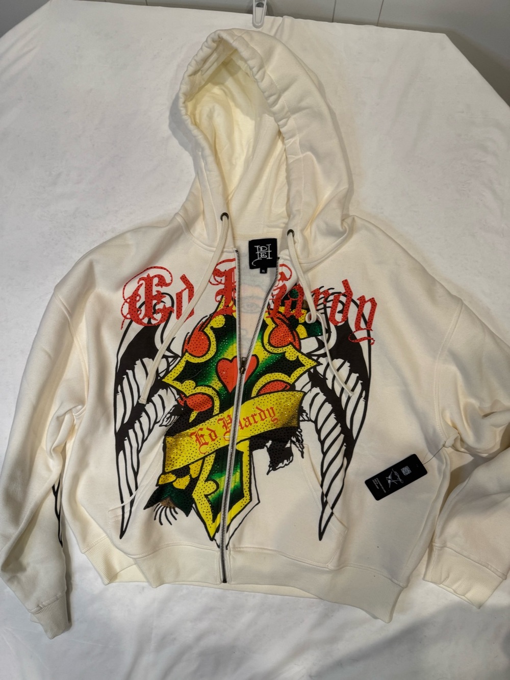 Ed Hardy Christ Cross Rhinestone Zip Hoodie Ivory XL Jesus Wings NWT